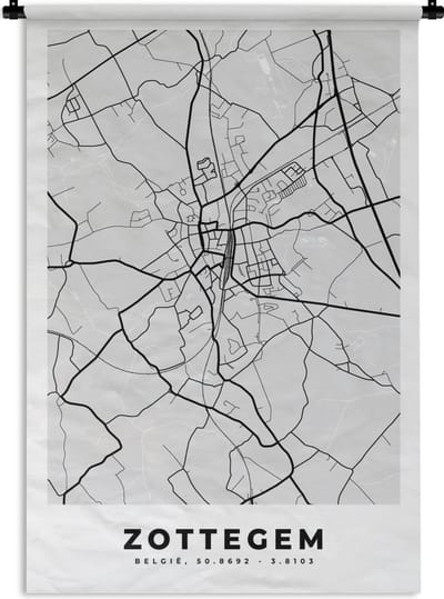 Wandkleed - Wanddoek - België – Zottegem – Stadskaart – Kaart – Zwart Wit – Plattegrond - 120x180 cm - Wandtapijt