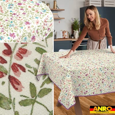 ANRO Tafelkleed Iris bloemen Beige 140x100cm Met sierband Afwasbaar Waterafstotend Binnen & Buiten