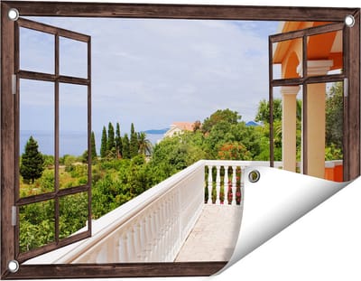Gards Tuinposter Doorkijk Terras in Toscane - 60x40 cm - Tuindoek - Tuindecoratie - Wanddecoratie buiten - Tuinschilderij