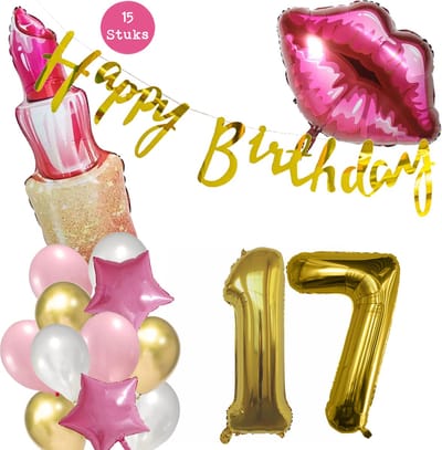 Snoes Beauty Helium Ballonnen Set 17 Jaar - Roze Folieballonnen - Slinger Happy Birthday Goud
