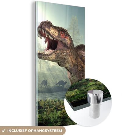 MuchoWow® Glasschilderij 60x120 cm - Schilderij acrylglas - Dino - Gras - Tekening - Kinderen - Jongens - Foto op glas - Schilderijen
