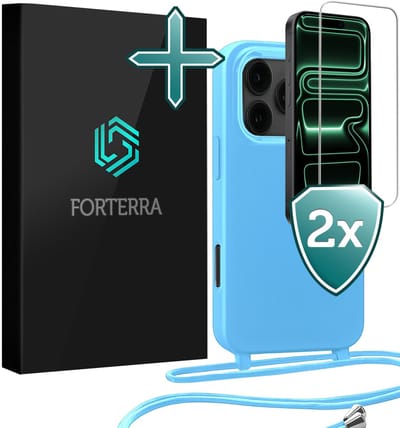 Hoesje Geschikt voor iPhone 17 Pro Case Siliconen Hoes Met Koord Met 2x Screenprotector - Hoes Geschikt voor iPhone 17 Pro Met Telefoonkoord Hoesje Backcover - Lichtblauw
