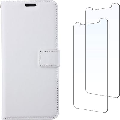LuxeBass Boekhoesje en 2x Screenprotector geschikt voor iPhone 13 Pro - Wit gsm hoesje - telefoonhoes - telefoonhoesjes