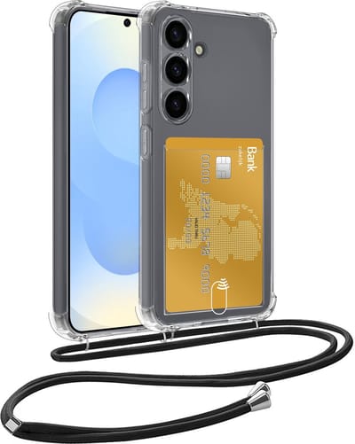 Hoesje Geschikt voor Samsung S25 Hoesje Met Telefoonkoord en Pasjeshouder Siliconen - Hoes Geschikt voor Samsung Galaxy S25 Hoesje Met Kaarthouder Shock Proof Case - Transparant