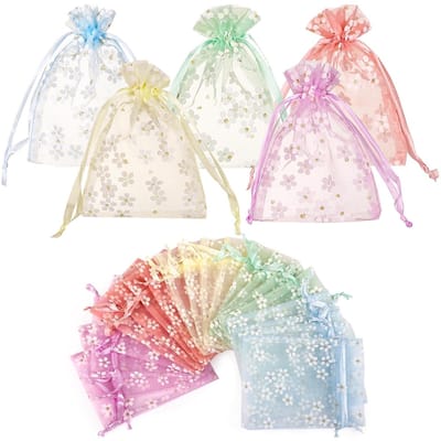 JHUBERS- Organza Zakken 20 Stuks - 10 x 14 cm - Pastel Kleuren - Bloemenpatroon - Cadeauzakjes - Transparant - Romantische Verpakking