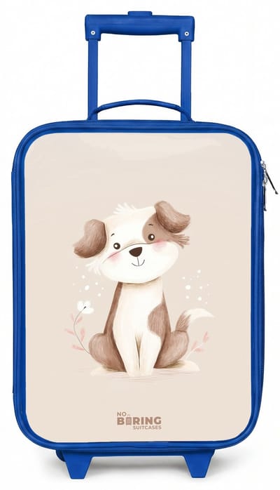 NoBoringSuitcases.com® - Kinderkoffer blauw - Kindertrolley jongen - Hond in de kleuren bruin en beige - Koffer kind lichtgewicht - Reiskoffer trolley voor kinderen - Koffertje met lichtgevende wieltjes - Rolkoffer