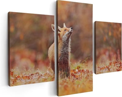 Artaza Canvas Schilderij Drieluik Vos in het Bos tussen de Bladeren - 90x60 - Foto Op Canvas - Canvas Print