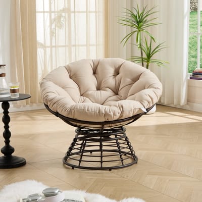 Schommelstoel - Ergonomische Papasan stoel - 360° rotatie - Relaxstoel - Loungestoel - Rotan Relaxstoel - Geschikt voor gebruik binnen en buiten - Beige