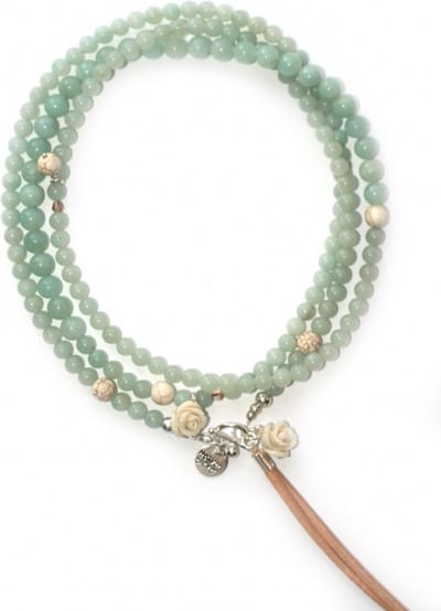 Heaven Eleven ketting natuursteen Amazoniet met koraal roosje en leer