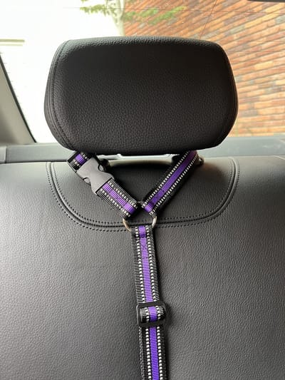 Verstelbare autogordel voor honden - Hondengordel - Hondenriem - Zwart, paars en reflectie streep - Adjustable dog harness for the car - Leash - Black, purple and reflection stripe