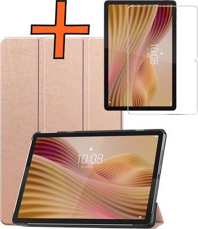 Hoesje - Geschikt voor Lenovo Tab 10.1 inch - Met Screenprotector - Trifold Bookcase - Hard Cover - Hardcover Book Case - Tablet Hoes - Rosé goud