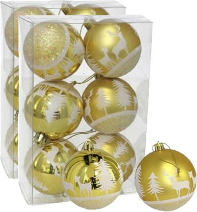 12x stuks gedecoreerde kerstballen goud kunststof diameter 6 cm - Kerstboom versiering