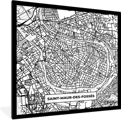 Fotolijst incl. Poster Zwart Wit- Plattegrond - Kaart - Frankrijk - Saint-Maur-des-Fossés - Stadskaart - Zwart wit - 40x40 cm - Posterlijst