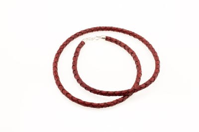 AuBor ®. Gevlochten leren ketting met zilveren sluiting. Rood/Bruin. 4mm × 38cm