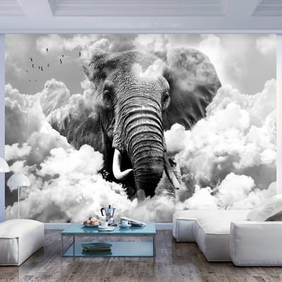 200cm X 140cm - Fotobehang - Olifant in de wolken, ( zwart-wit ), premium print vliesbehang