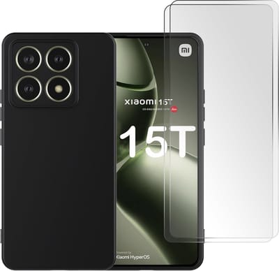 Casemania Hoesje en Glas Geschikt voor Xiaomi 15T - Zwart - Siliconen Back Cover + 2x Tempered Glazen Screenprotector - Val/Stoot Bescherming