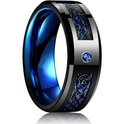 Mode Heren 8mm Zwart Wolfraam Bruiloft Keltische Draak Ring Ingelegd Rode Zirkonia Punk Roestvrij Staal Rode Koolstofvezel Ring Voor Mannen 13 black