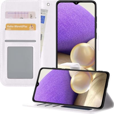 Hoesje - Met Pasjeshouder - Geschikt voor Samsung Galaxy A32 5G - Luxe Bookcase Portemonee - Flip Case - Kunstleer Book Case - Flipcase - Book Cover - Walletcase - Portemonneehoes - Telefoonhoesjes - Wit