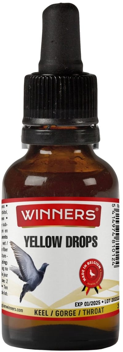 Belgian Winners Yellow Drops 30ml - supplement voor reisduiven/postduiven: gele druppels voor een schone keel