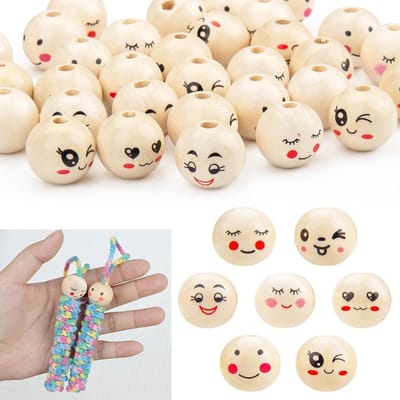 Kralen, 20 mm, lachend gezicht, voor handwerk, 7 stijlen, emoji, natuurlijke ronde houten kralen met gezichten, voor armbanden, halskettingen, sieraden maken