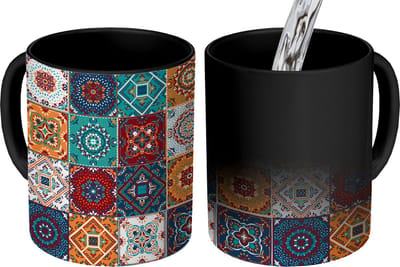 Magische Mok - Foto op Warmte Mokken - Koffiemok - Retro - Bladeren - Design - Oranje - Bruin - Magic Mok - Beker - 350 ML - Theemok