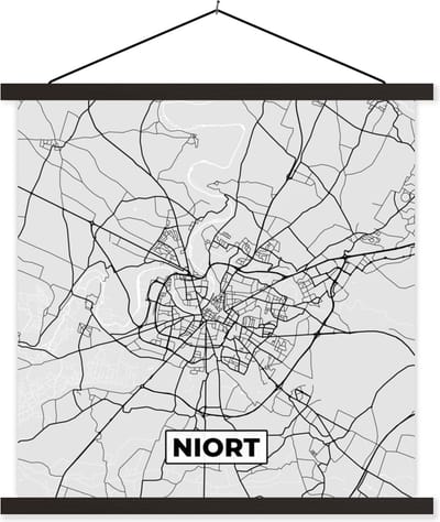 Posterhanger incl. Poster 60x60 cm - Schoolplaat - Frankrijk - Plattegrond - Kaart - Niort - Stadskaart - Textielposter - Zwarte latten - Stadskaart