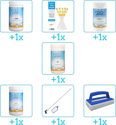 Zwembad Onderhoudspakket - Onderhoud Zwembad - bevat Chloor - Testrips - Chloor - PH-min - PH-plus - Schoonmaakset en Scrubborstel (7-delig)