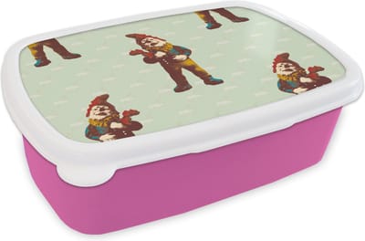 Broodtrommel Roze - Lunchbox - Brooddoos - Kabouter - Patronen - Tuin - 18x12x6 cm - Kinderen - Meisje
