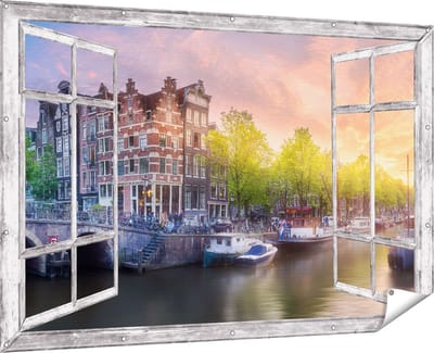 Gards Tuinposter Doorkijk Amsterdamse Grachten - 180x120 cm - Tuindoek - Tuindecoratie - Wanddecoratie buiten - Tuinschilderij