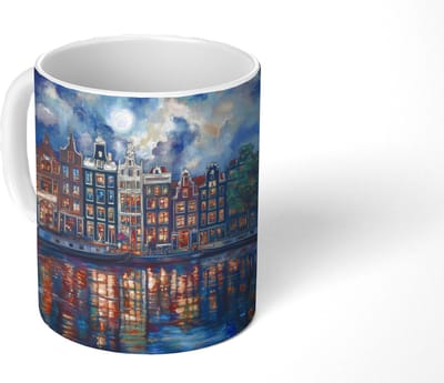 Mok - Koffiemok - Grachten Amsterdam - Huizen - Stad - Kleurrijk - Mokken - 350 ML - Beker - Koffiemokken - Theemok