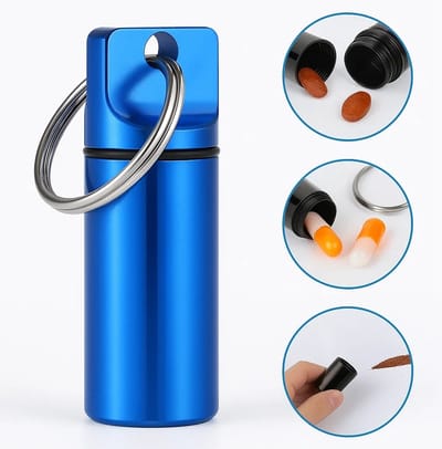 Luxe Pillendoosje Sleutelhanger I Medicijn doosje I Pil Box I Pillenkoker | Aluminium I Waterdicht I Blauw