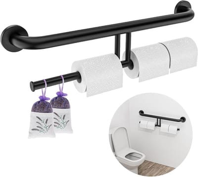 Handgreep met dubbele toiletrolhouder - Veiligheidsbeugel wc - Badkamer veiligheid - Roestvrij staal 304 - 61 cm - Zwart