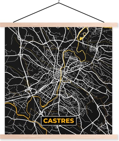 Posterhanger incl. Poster 40x40 cm - Schoolplaat - Kaart - Stadskaart - Plattegrond - Castres - Frankrijk - Textielposter - Blanke latten - Stadskaart