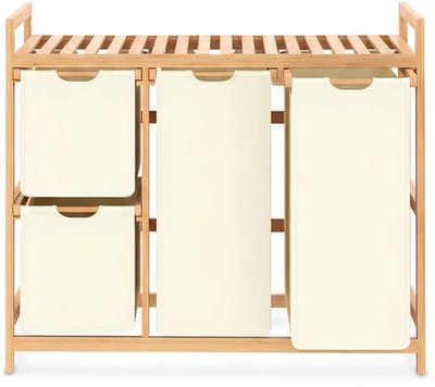KAD® Wasmand 3 Vakken - Wassorteerder met Deksel - Uitneembare Waszakken - Beige - 42cm x 81cm x 77cm