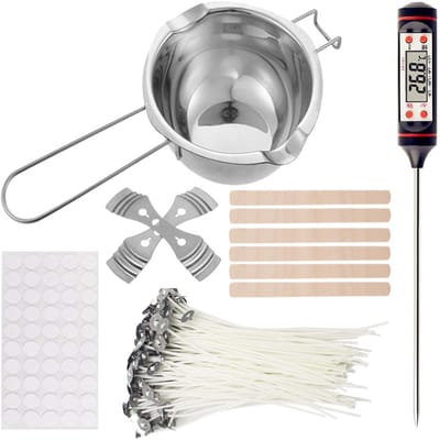 Kaarsenmaakset - 1 kaarsensmeltpot, 50 kaarsenlonten, 50 lontstickers, 2 kaarsenhouders met 3 gaten, 1 thermometer en 5 roerstaafjes - handmade candles set - zelf kaarsen maken set - DIY Candles