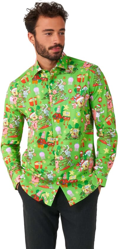 OppoSuits SpongeBob Kerst Shirt - Heren Kerst Overhemd - Kerstfeest Nickelodeon Shirt - Kerst Shirt - Groen - Maat: XS