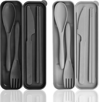 Bestekset, 2 stuks campingbestek met koffer, kunststof reisbestek, lepel, mes, vork, eetstokjes, etui, campingbestek, draagbare bestekset, herbruikbaar, voor picknick, outdoor, zwart, grijs