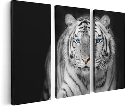 Artaza Canvas Schilderij Drieluik Tijger Met Blauwe Ogen - Zwart Wit - 120x80 - Foto Op Canvas - Canvas Print