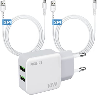 Phreeze usb oplader 10 W - Dubbele usb poorten - Power adapter 2.1 A met 2 usb A naar usb C kabels 2 m - Oplader voor telefoon, tablet en powerbank