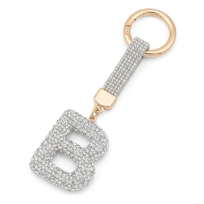 Zilverkleurige sleutelhanger met letter B en strass steentjes – initial sleutelhanger voor dames en heren – metalen sleutel hanger met ronde ring en decoratieve letter hanger