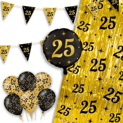 LUQ – Party Essentials 25 Jaar – Zwart-Goud Verjaardag Feest Versiering – Luxe Ballonnen-Slingers-Vlaggenlijn-Gordijn