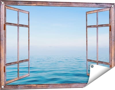 Gards Tuinposter Doorkijk Zee met een Blauw Hemel Achtergrond - 90x60 cm - Tuindoek - Tuindecoratie - Wanddecoratie buiten - Tuinschilderij