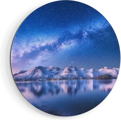 Artaza Dibond Muurcirkel Melkweg Bij Besneeuwde Bergen - Ø 40 cm - Klein - Wandcirkel - Rond Schilderij - Voor Binnen en Buiten