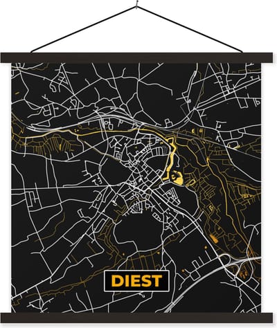 Posterhanger incl. Poster 60x60 cm - Schoolplaat - Diest - Kaart - Plattegrond - Goud - Stadskaart - Textielposter - Zwarte latten - Stadskaart