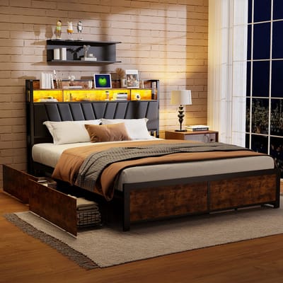 Metaal Bed 140 x 200 cm, Tweepersoonsbed met LED-verlichting en USB-oplaadfunctie, Metalen bed met 4 lades, Opbergbed met metalen lattenbodem, Jeugdbed, Slaapkamermeubel in industriële stijl, Zonder matras (Splits twee pakketten voor bezorging)