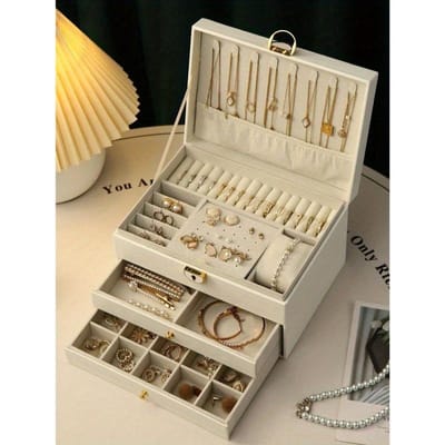 1 stuks Meerlaagse Lederen Sieradendoos voor Oorbellen, Ringen, Horloges, Kettingen en Armbanden met Grote Capaciteit, Anti-Oxidatie 3 Layers gray