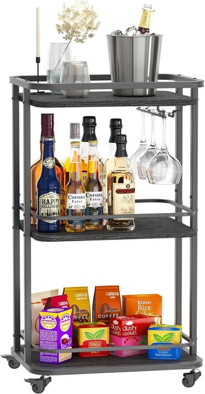 3-Tier Home Bar Servierwagen, Küche Aufbewahrungswagen mit Rädern,11.81x15.75x33.07 Zoll,Rolling Mini Bar Cart für Zuhause, im Freien, Küche, Schlafzimmer TMJ319B