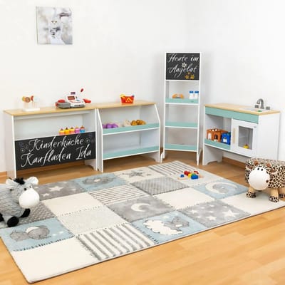 Coemo Ida speelkeukenwinkel, turquoise, set van 4 met gootsteen, grote kinderkeuken, speelwinkel voor kinderen, speelgoedkeuken, speelgoed en keukenaccessoires, houten keuken met krijtbord, kinderen vanaf 3 jaar