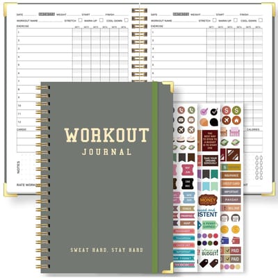 Ongeprikte Trainingsdagboek Spiraal Fitness Tracker Met Doelstelling Voortgangspagina's Maandelijks Overzicht Stickers groen