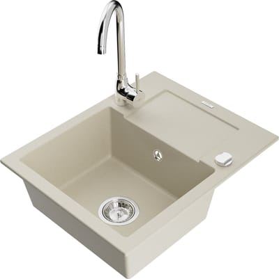 Mexen Enzo granieten spoelbak 1-komerig met afdruiprek en keukenkraan Telma, beige - 6506-69-670200-00